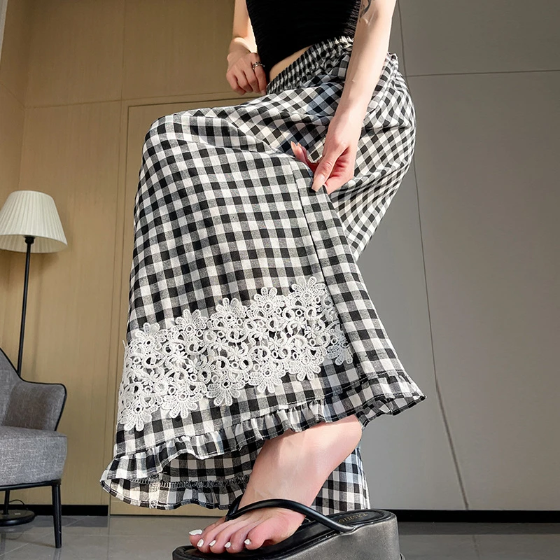 2025夏季新款韩系复古格纹直筒裤设计感蕾丝花边阔腿裤