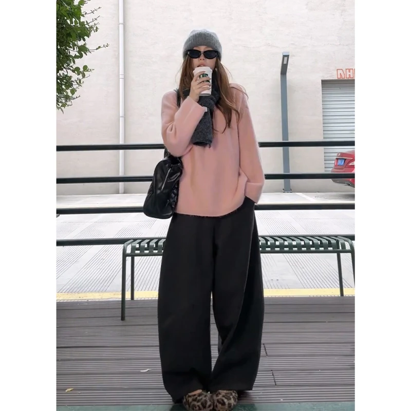 2025秋季新款韩系穿搭宽松圆领长袖毛衣上衣气质高腰显瘦阔腿长裤