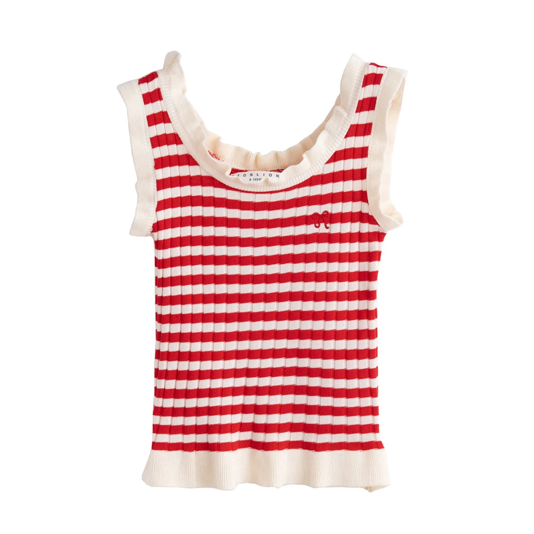 D1132 唐狮2025夏季甜美条纹木耳边无袖微弹透气简约拼色条纹背心