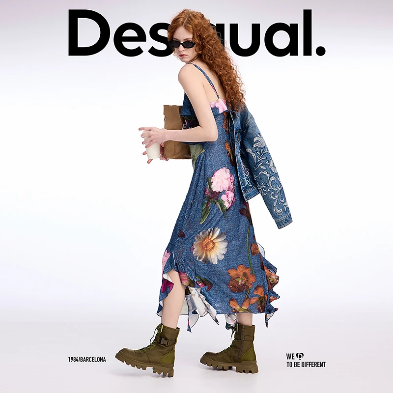 Desigual花朵印花肌理感荷叶边装饰长款吊带连衣裙