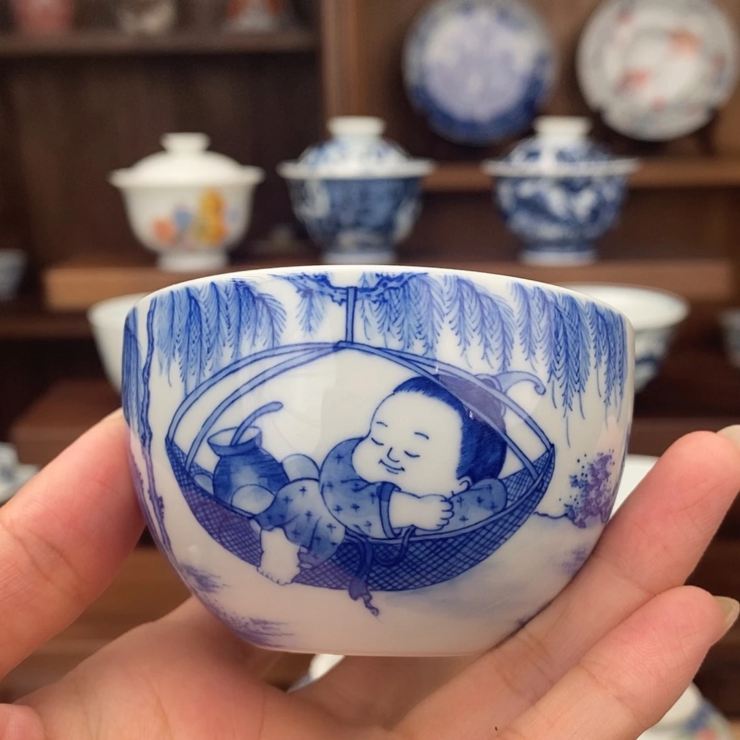 泥藝瓷梦童子卧足杯