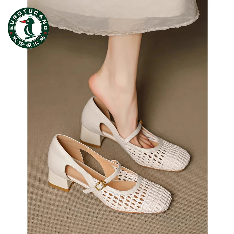 欧伦啄木鸟法式复古方头编织镂空玛丽珍鞋女2025中跟一字带单鞋女