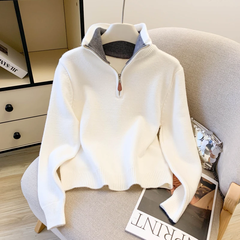 设计感小众别致撞色领polo拉链针织毛衣女2025秋冬爆款韩系上衣服