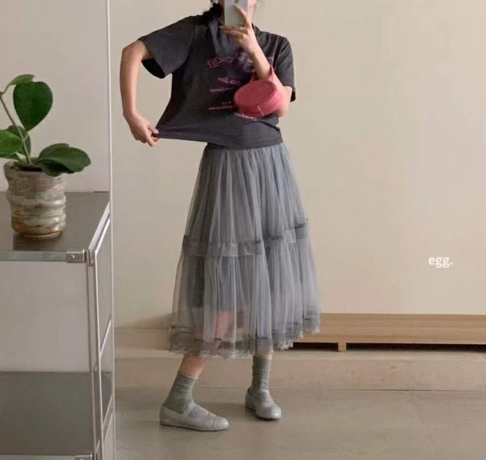 【娅朵】A字2488复古港风百搭蓬蓬裙夏季甜美风层叠网纱中长裙长裙