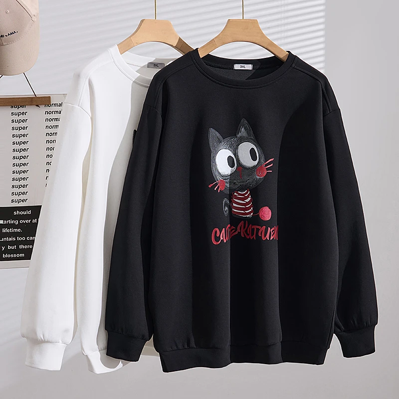 S5658胖MM大码女装圆领印花上衣秋冬款加肥230斤宽松休闲长袖卫衣