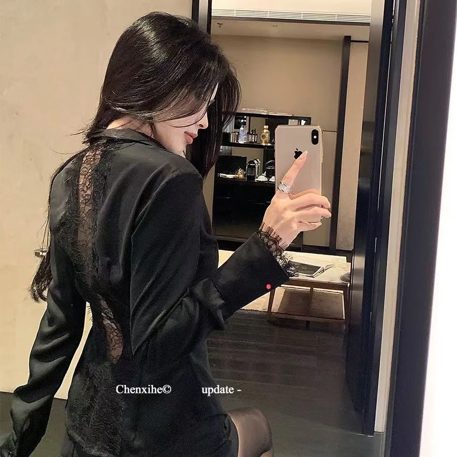 大码西装领蕾丝花边纯欲辣妹早秋衬衫收腰修身女装衬衣702