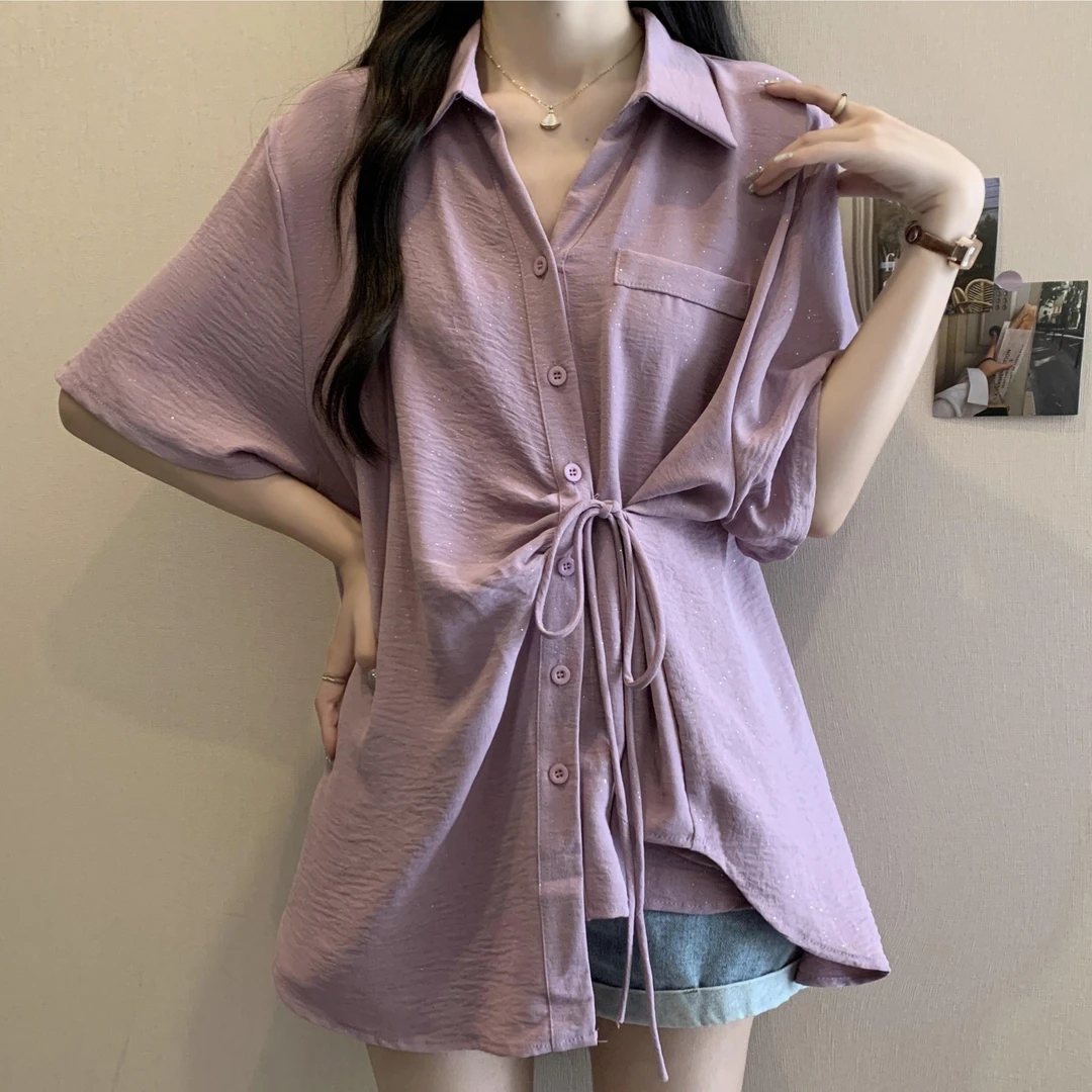 大码女装设计感不规则系带短袖衬衫女夏季胖mm遮肚子宽松显瘦上衣