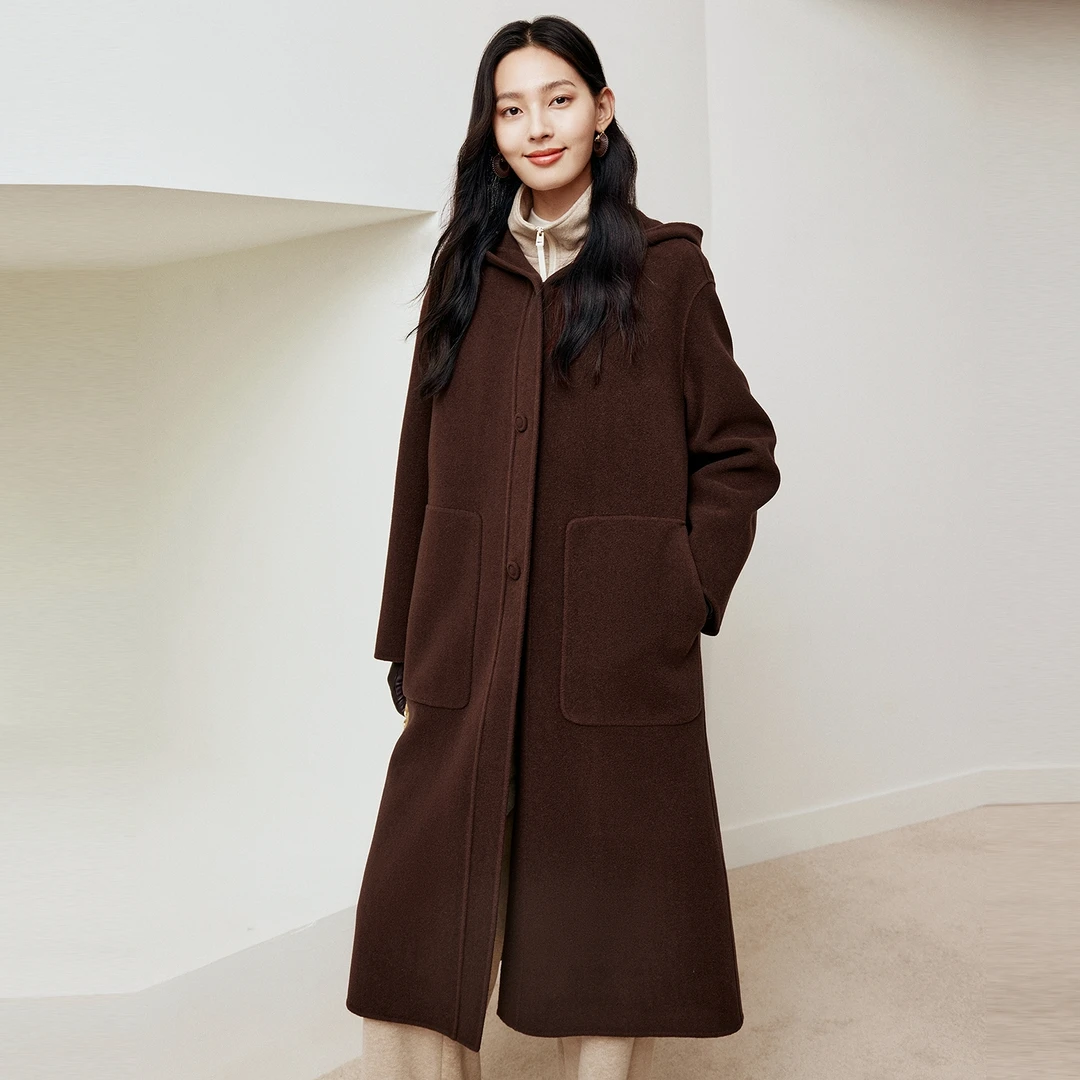 FS连帽单排扣羊毛中长款大衣外套女25冬新款8335A