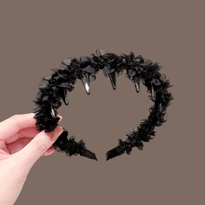 小香风网纱珠珠带齿发箍显脸小减龄发卡前额压碎发高颅顶发饰2352