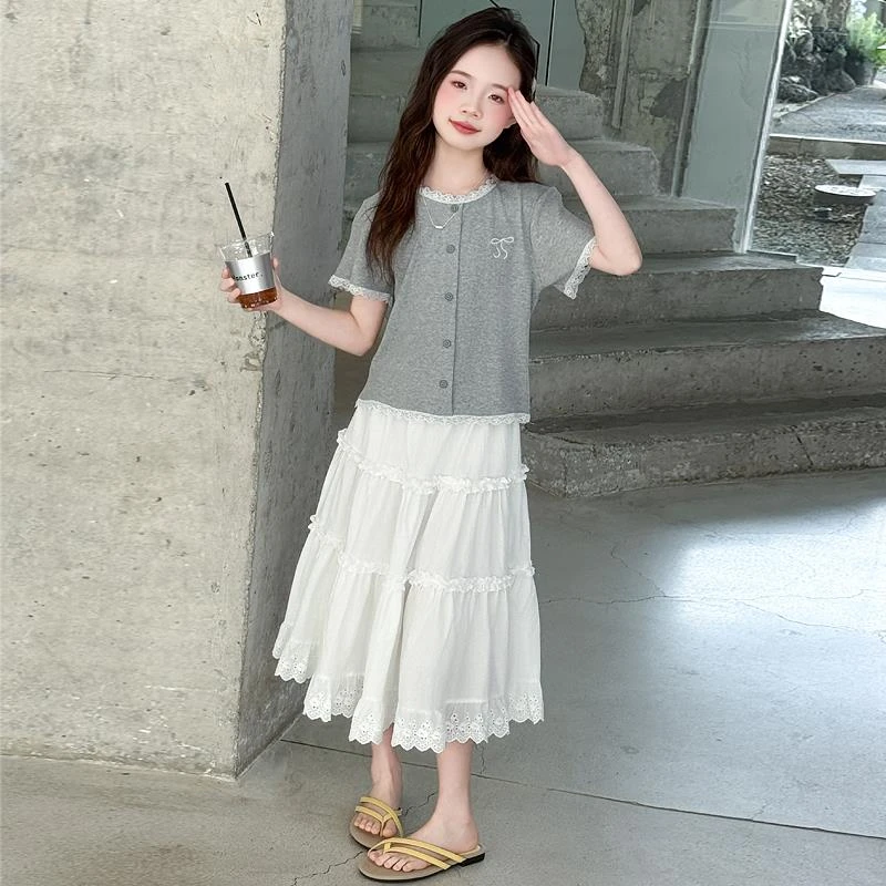 家漾多装短袖半身裙2025新款女大童夏季韩系T恤儿童蛋糕裙两件套