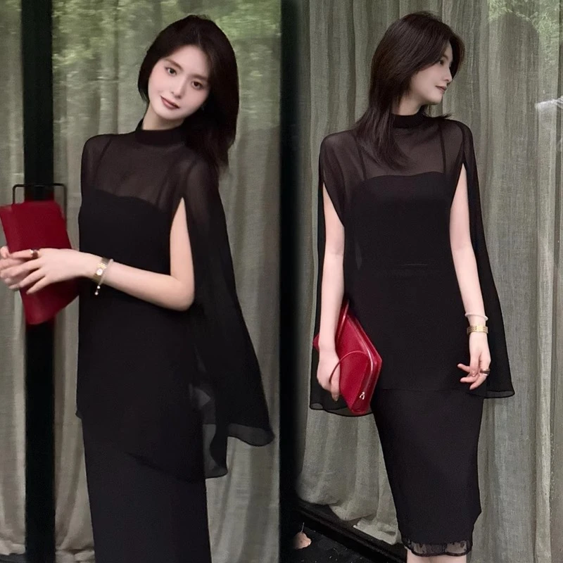 夏季新款时尚套装女减龄设计感纱纱拼接斗篷上衣吊带半身裙三件套