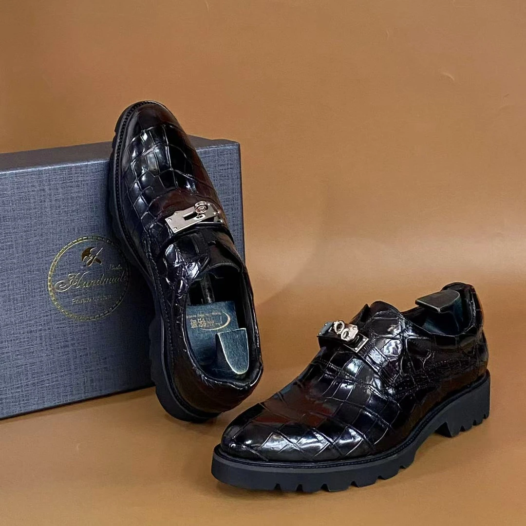 铭哥家高端鳄鱼皮尖头男款休闲商务皮鞋一脚蹬乐福黑色轻便