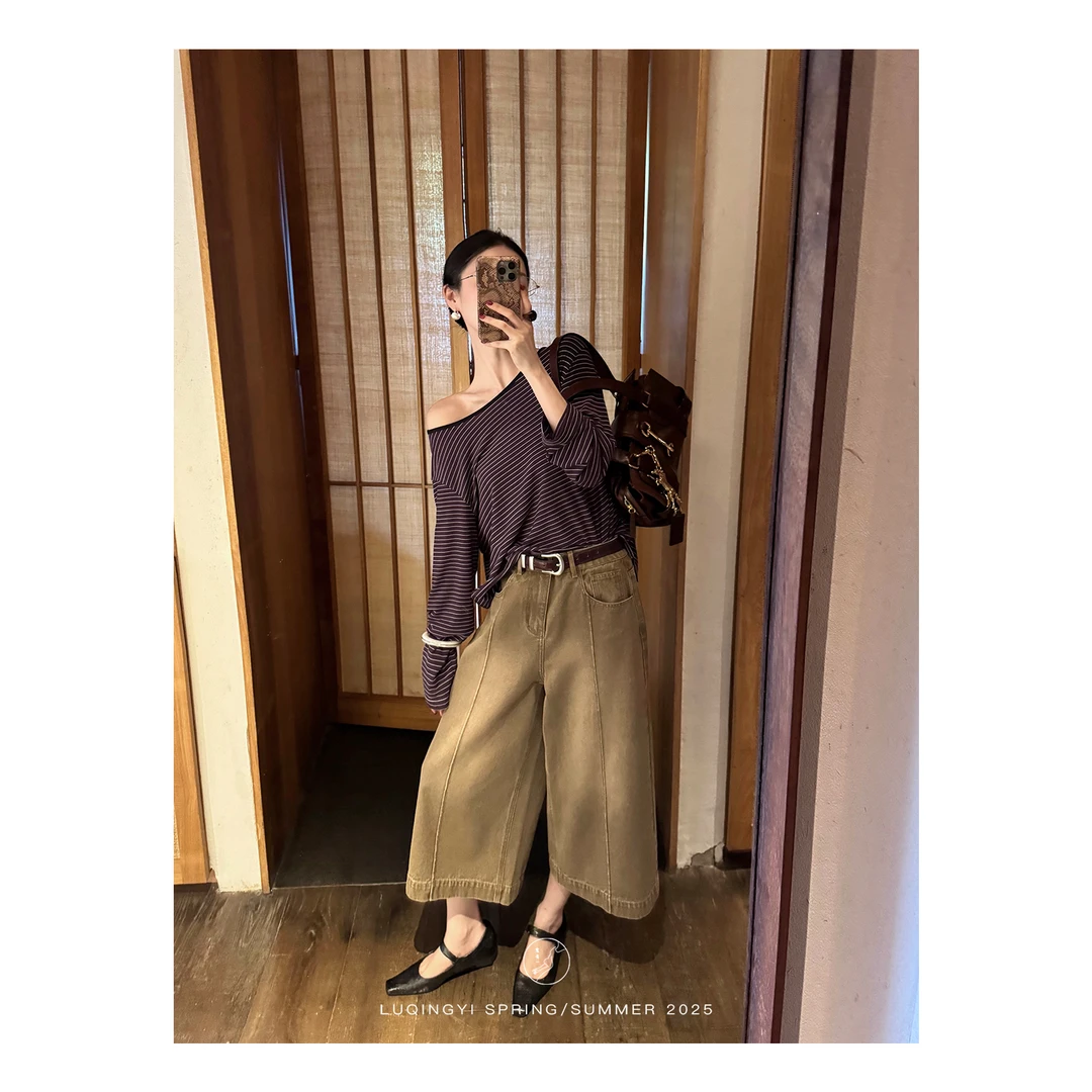 鹭青一原创焙豆复古水洗牛仔裤女夏棉弹七分裤宽松休闲直筒裤