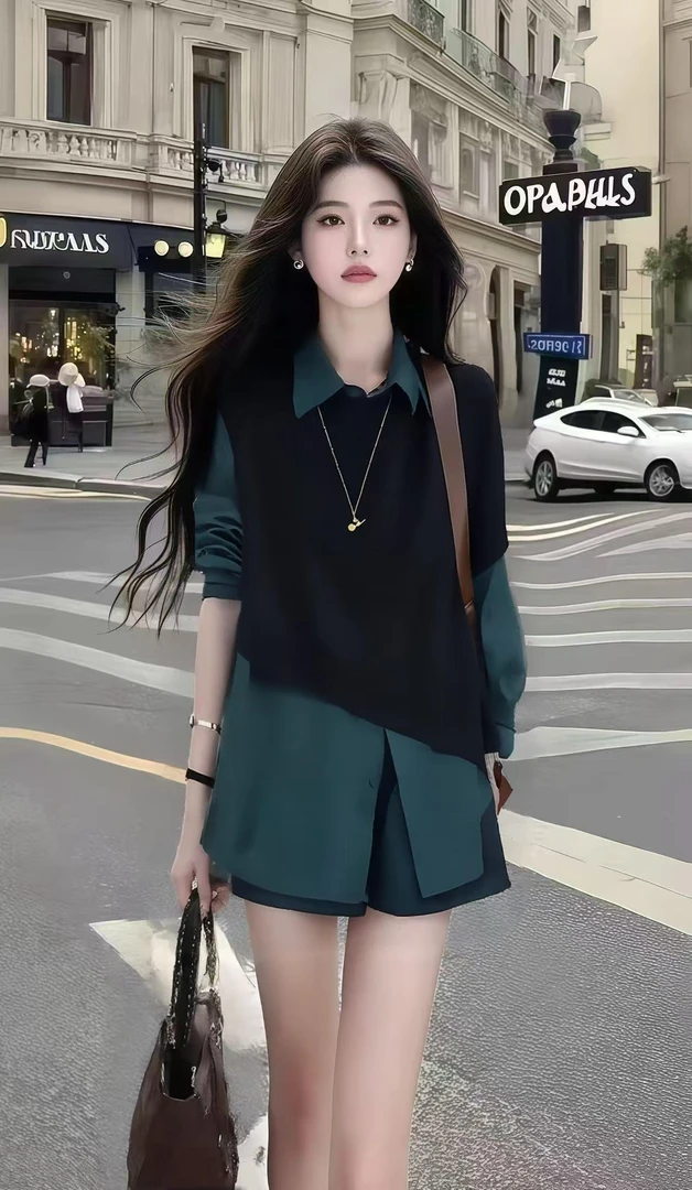 新款小众秋季设计感撞色拼接翻领长袖上衣+百搭短裤氛围感两件套