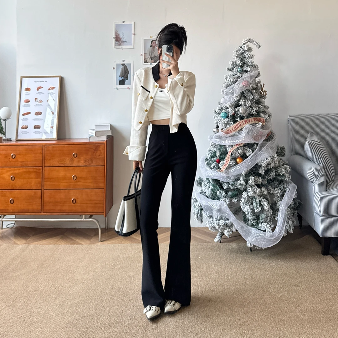黑色显瘦高腰微喇裤女休闲垂感秋季弹力长裤日常百搭西装小黑裤