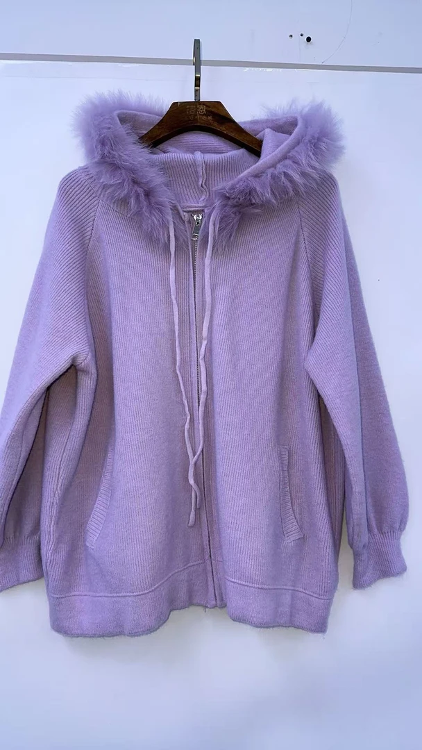 连帽拉链狐狸毛开衫毛衣 814053