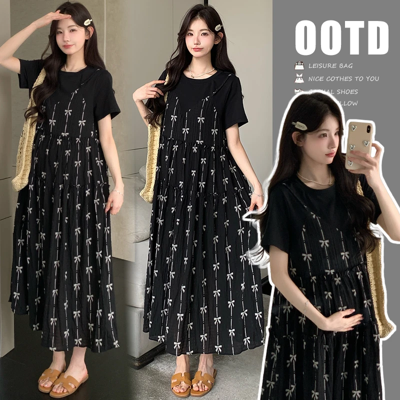 夏季短袖假两件宽松蝴蝶结孕妇胖MM显瘦连衣裙孕妇裙孕妇装中长款