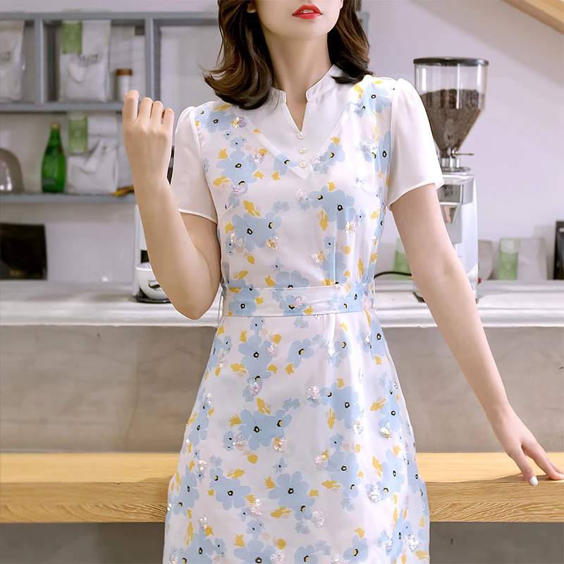 【清货特价】8611夏季白色连衣裙2025新款气质高档印花假两件雪纺