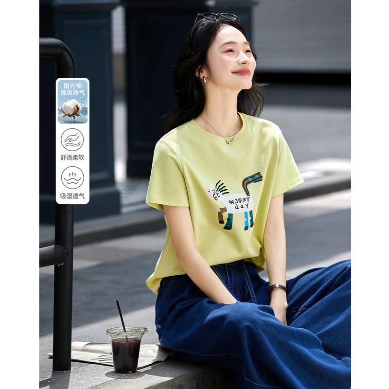 梵希蔓 卡通印花正肩短袖T恤女2025夏季新款减龄舒适休闲百搭上衣