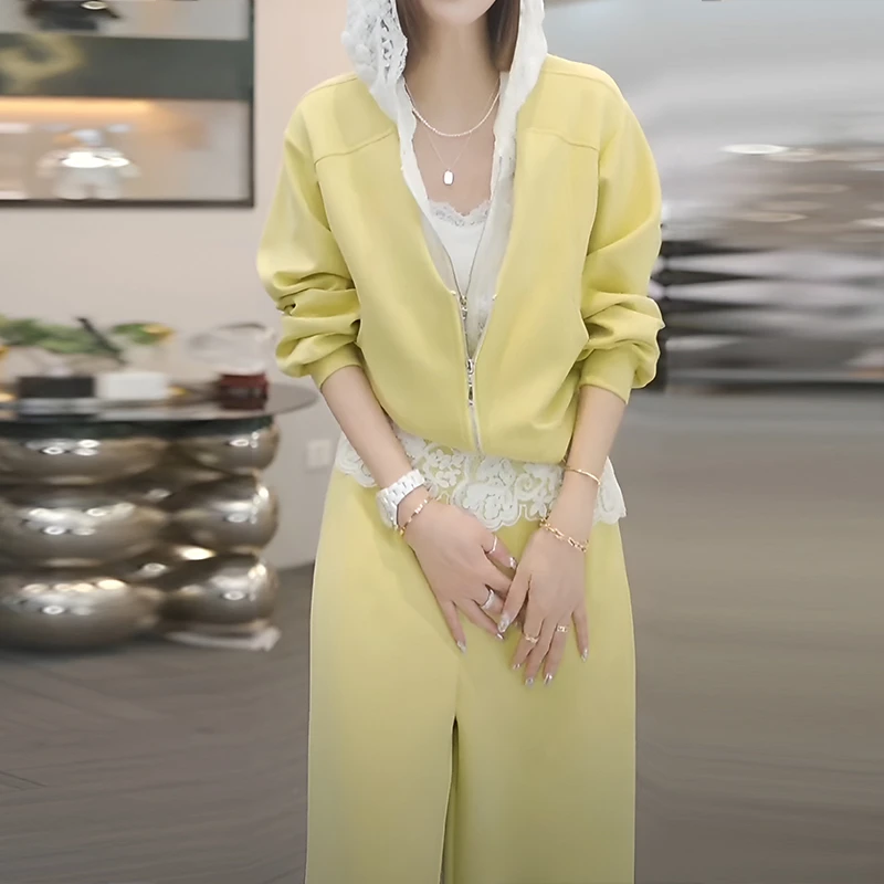 时尚休闲套装女2025春秋新款蕾丝拼接假两件外套阔腿裤运动两件套