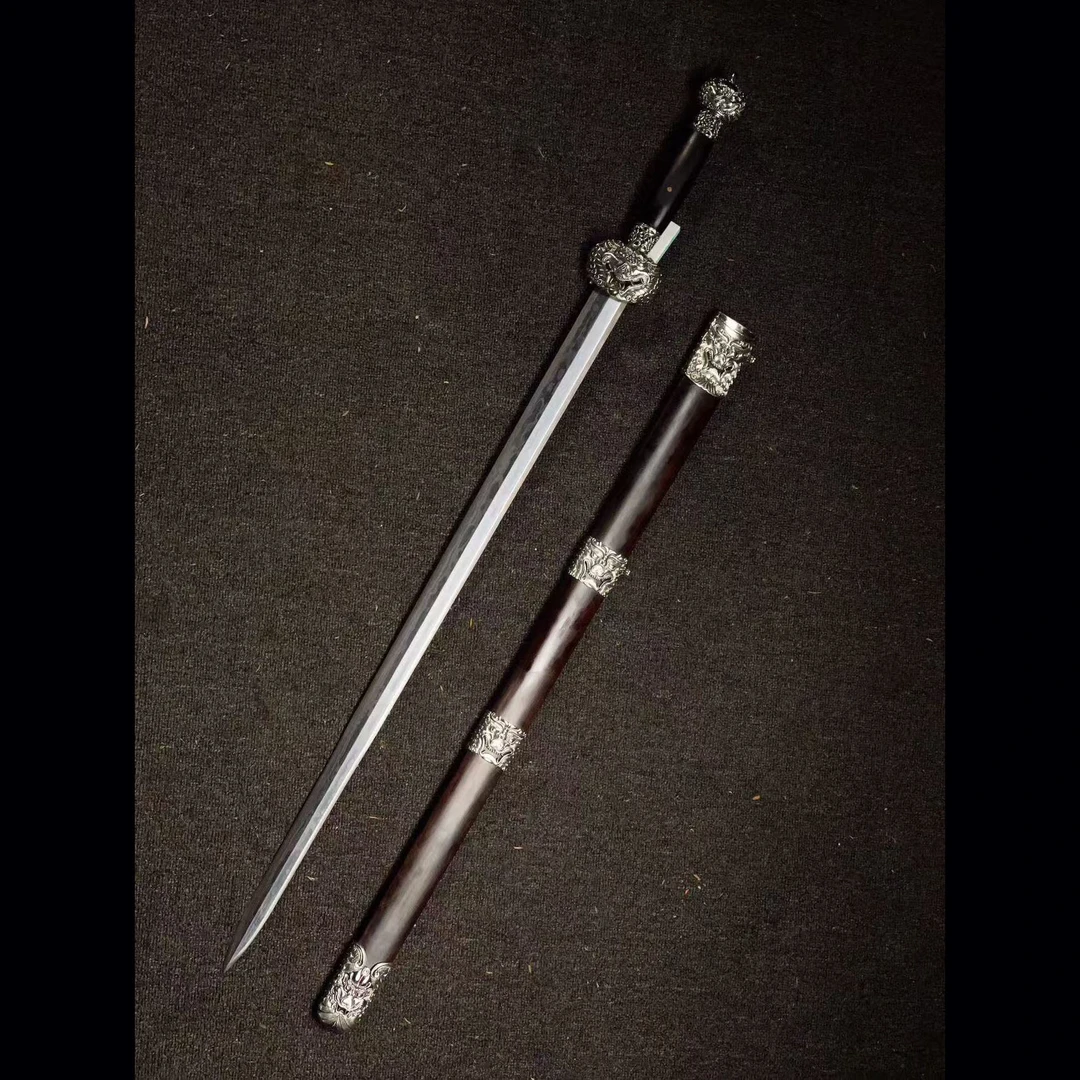 白铜猪鼻龙黑檀木宝剑28寸长剑毛铁自炼钢烧刃八面剑工艺品未开刃