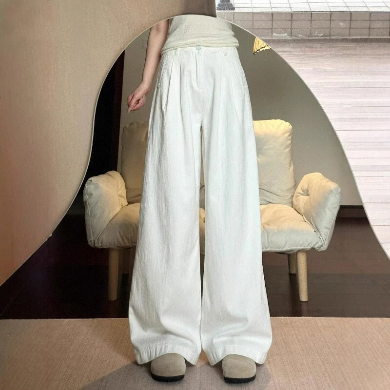 白色高腰阔腿牛仔裤女夏季薄款梨形身材显瘦宽松垂坠感休闲直筒裤