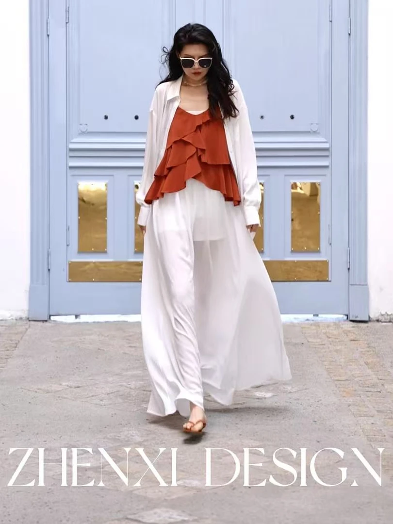 针西【空灵半透纱裙】仙女风简约法式时尚百搭薄纱长款半裙S70304