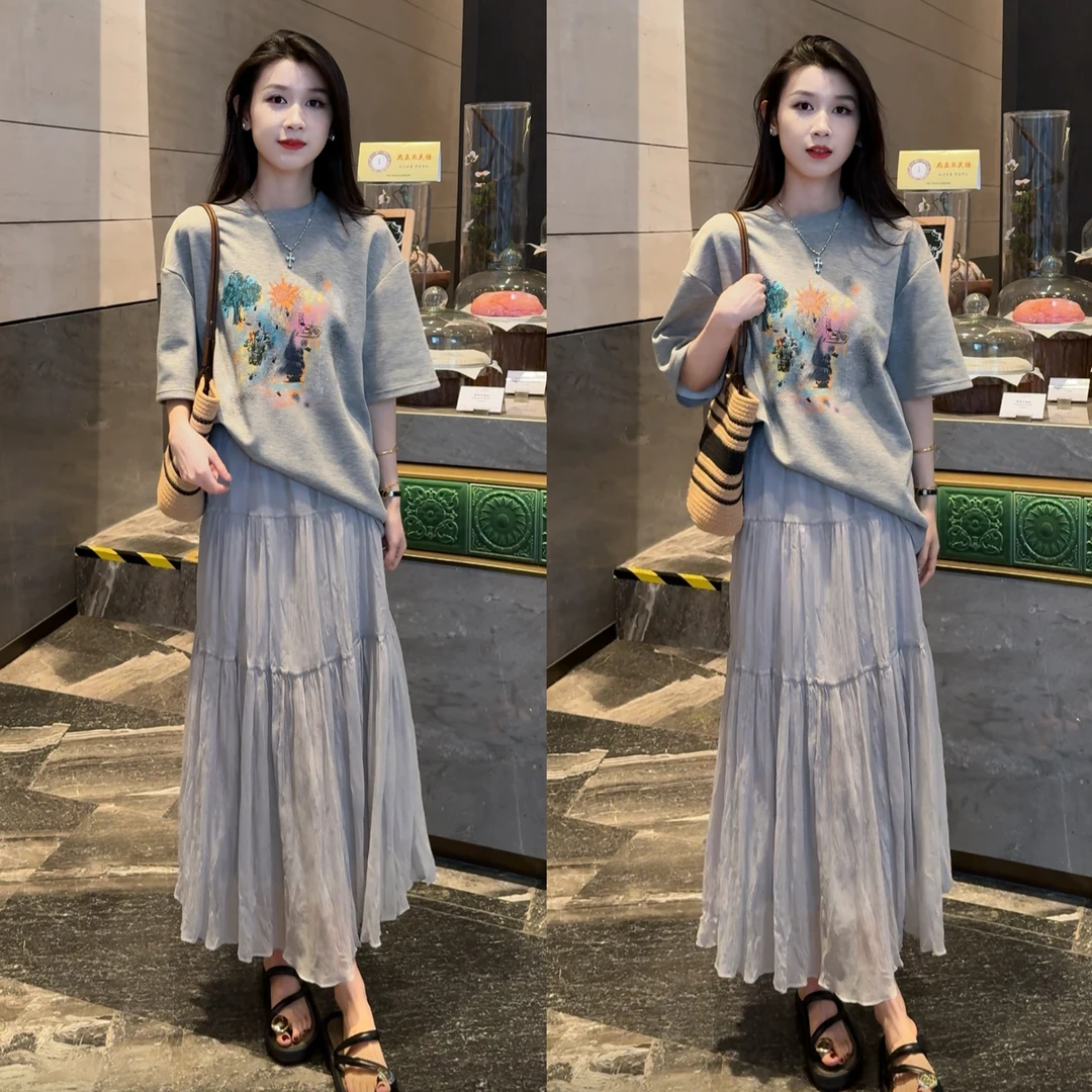 印花正肩短袖t恤夏季休闲灰色上衣+纱裙超好看中长款半身裙套装