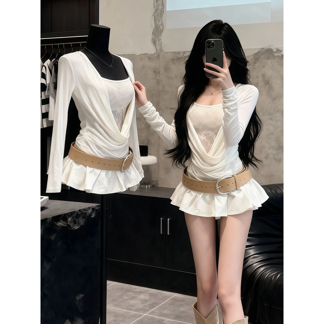 小个子穿搭一整套装春秋新款辣妹风气质性感荡领修身上衣短裙女装