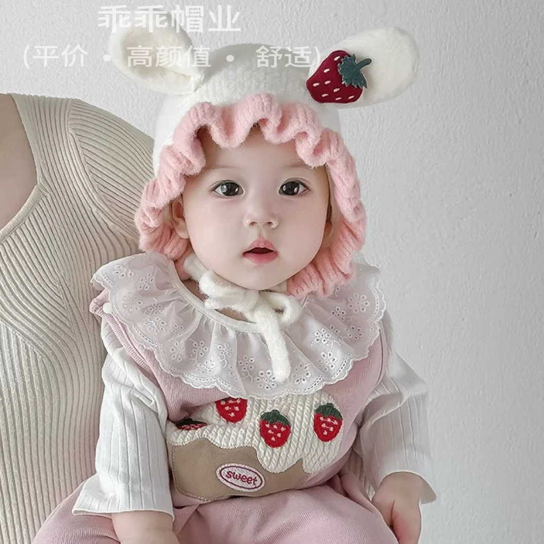 婴儿帽子秋冬季保暖针织毛绒护耳帽女宝宝小月龄甜美蝴蝶结毛线帽