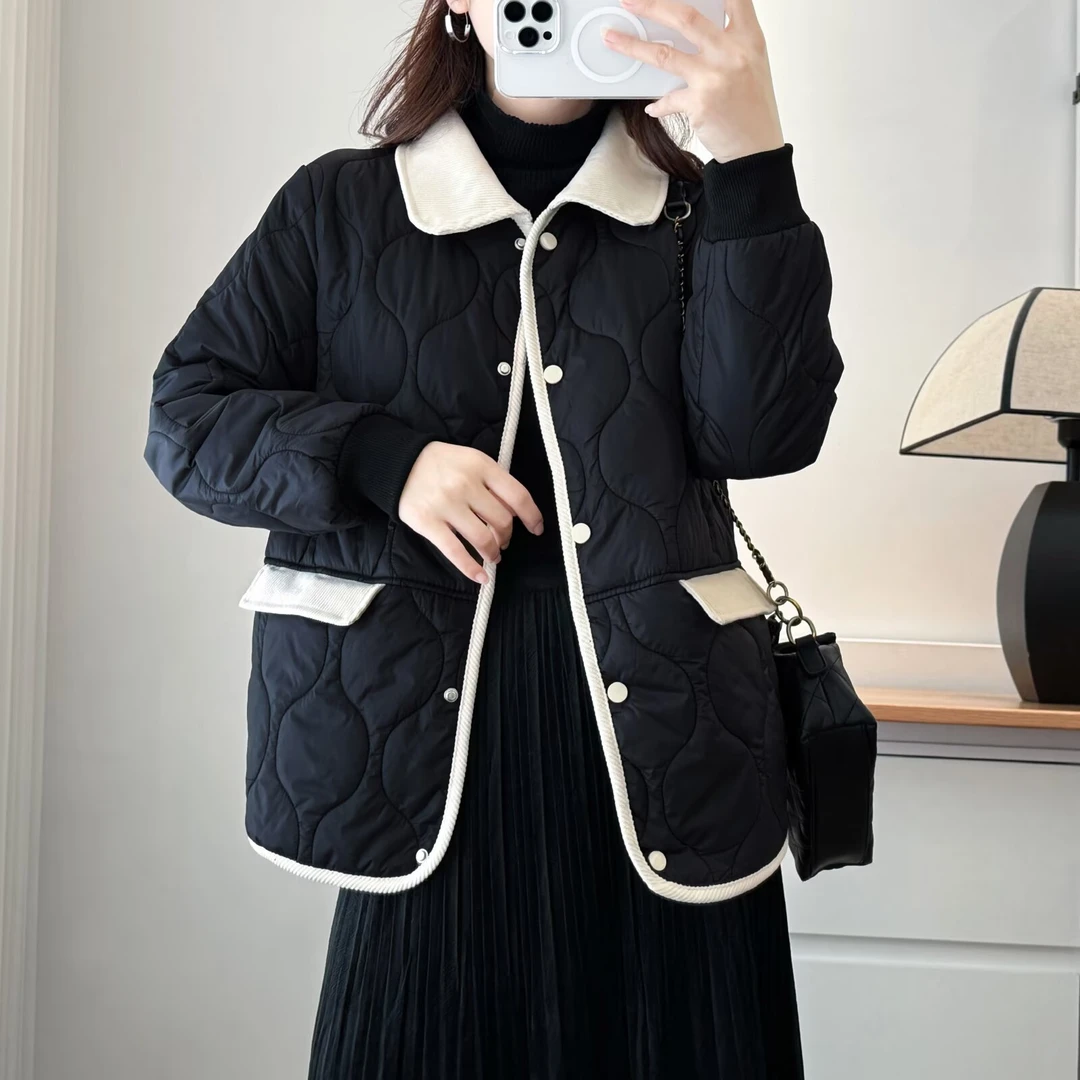常规款翻领女宽松POLO领棉服棉衣外套菱格复古韩版