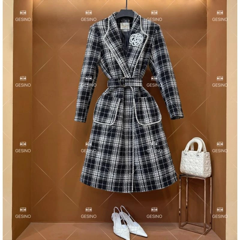 【露露】秋冬气质小香风外套时尚收腰女士翻领中长款大衣QD-2024857