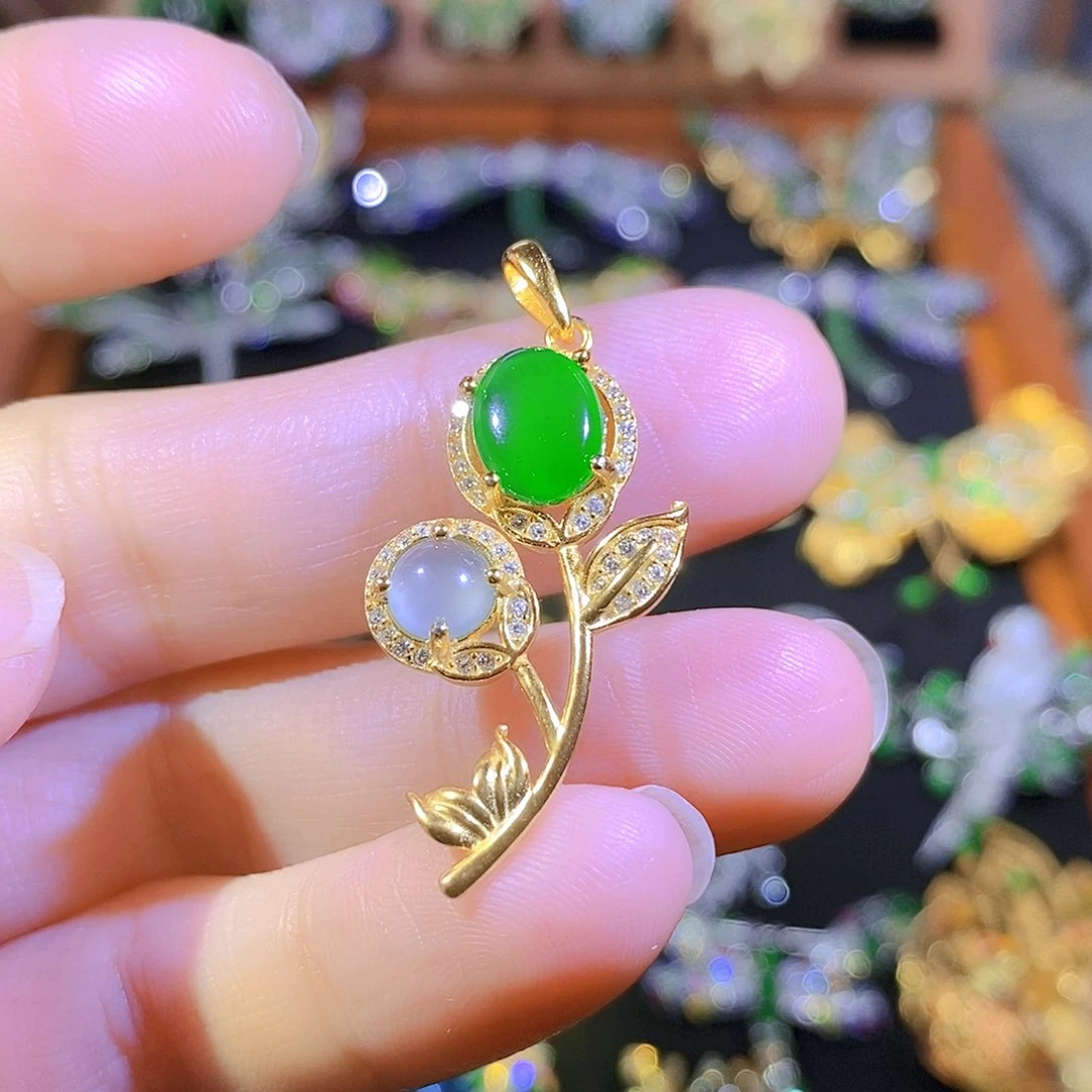 吊坠(不含链)银S925镶嵌翡翠