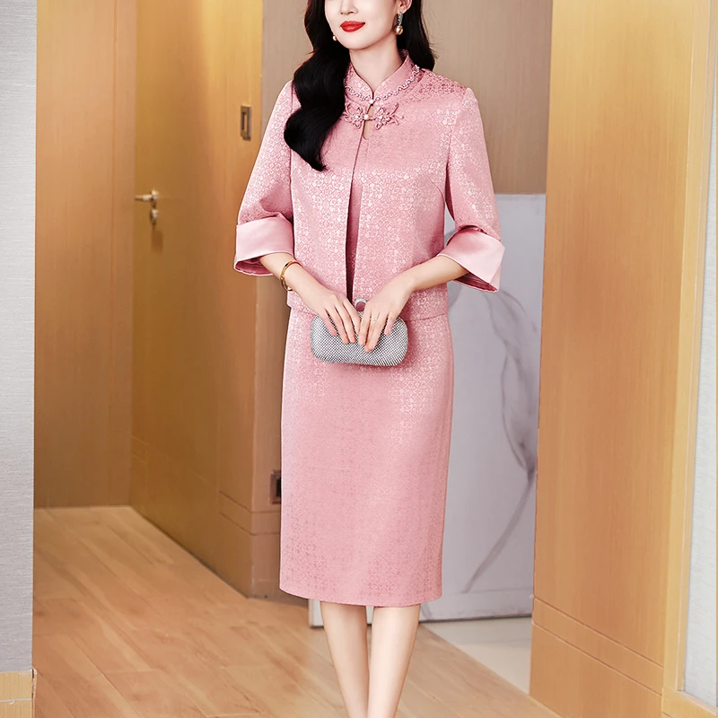 粉色喜妈妈婚宴装连衣裙女2025春秋新款高端轻奢喜婆婆礼服两件套
