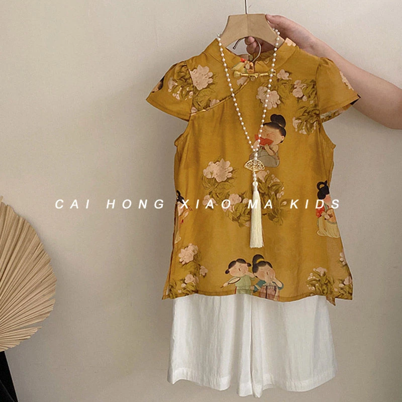 女童套装2025新款夏季儿童新中式爆款短袖旗袍上衣宽松裤子两件套