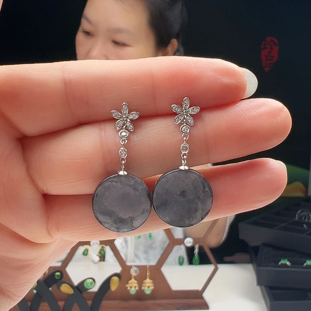 翡翠银S925镶嵌耳饰天然翡翠