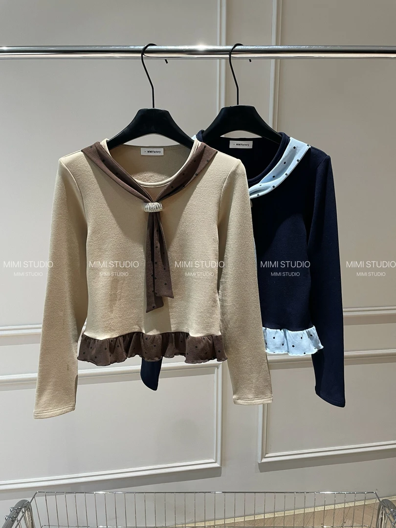 2025秋冬新款 气质减龄系带拼接长袖女显瘦百搭休闲上衣645