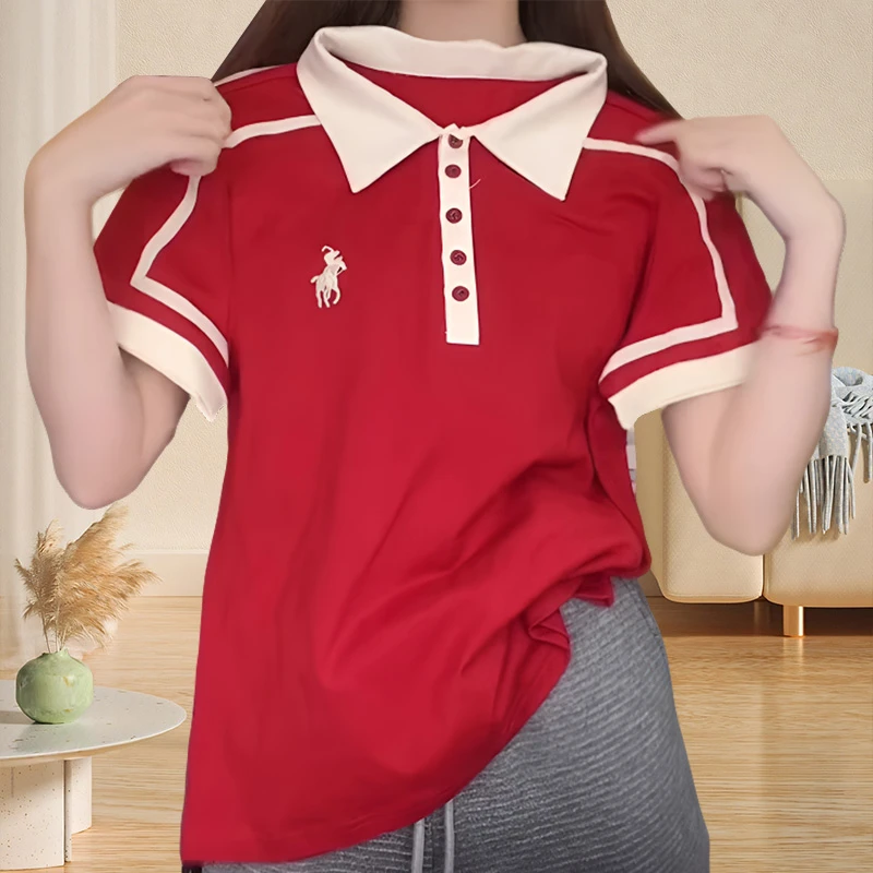 韩版撞色拼接t恤女款ins短袖2025欧货宽松百搭休闲polo领半袖上衣