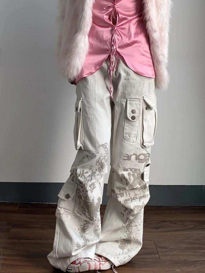 美式街头脏洗褶皱做旧图案牛仔裤女设计感宽松直筒阔腿拖地裤子潮