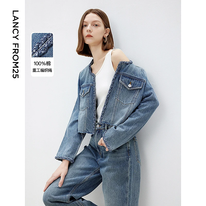 朗姿2025年春季新款小香风圆领摩登时髦牛仔外套复古纯棉欧若风