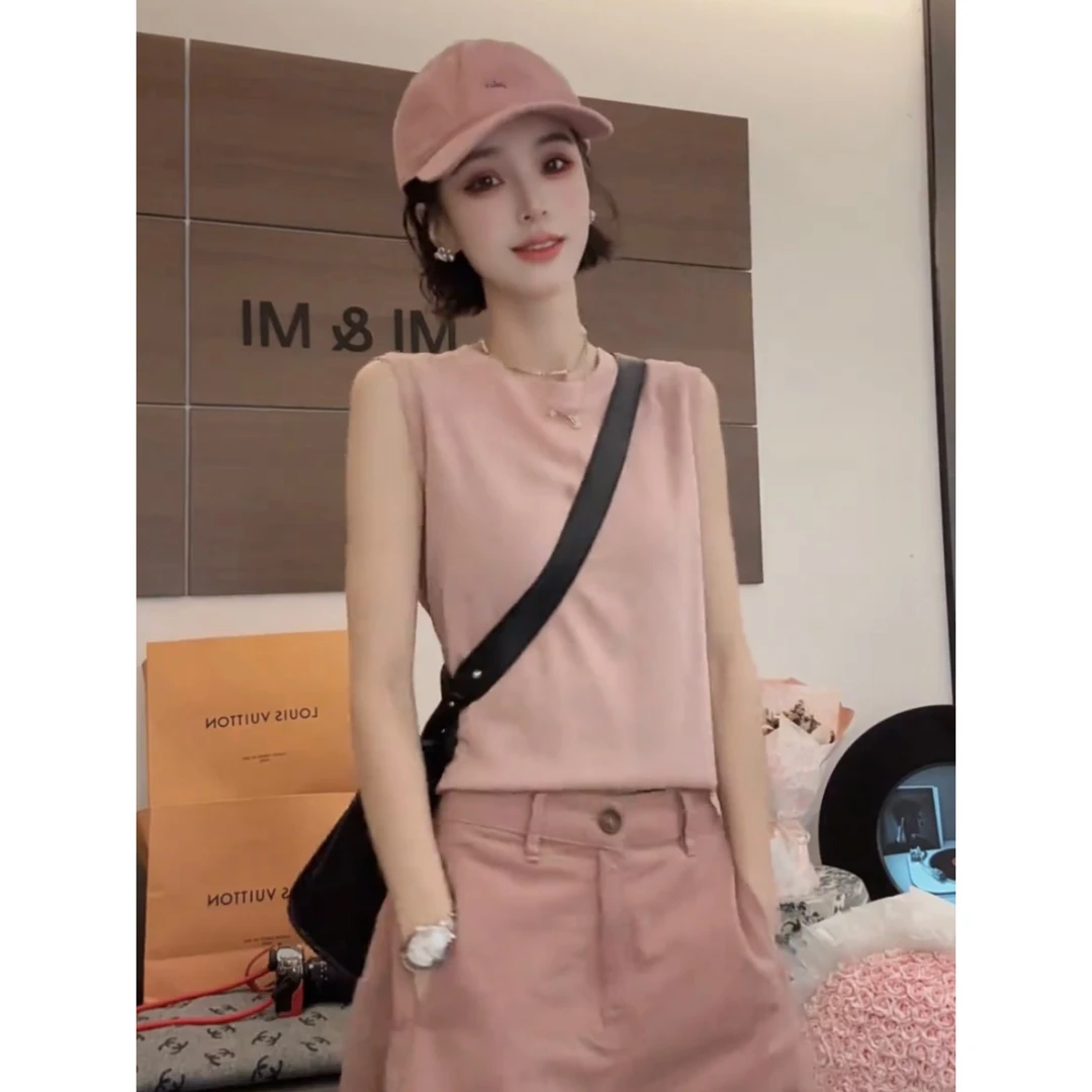 性感纯欲风粉色无袖背心体恤夏季新品韩系宽松显瘦气质百搭上衣潮