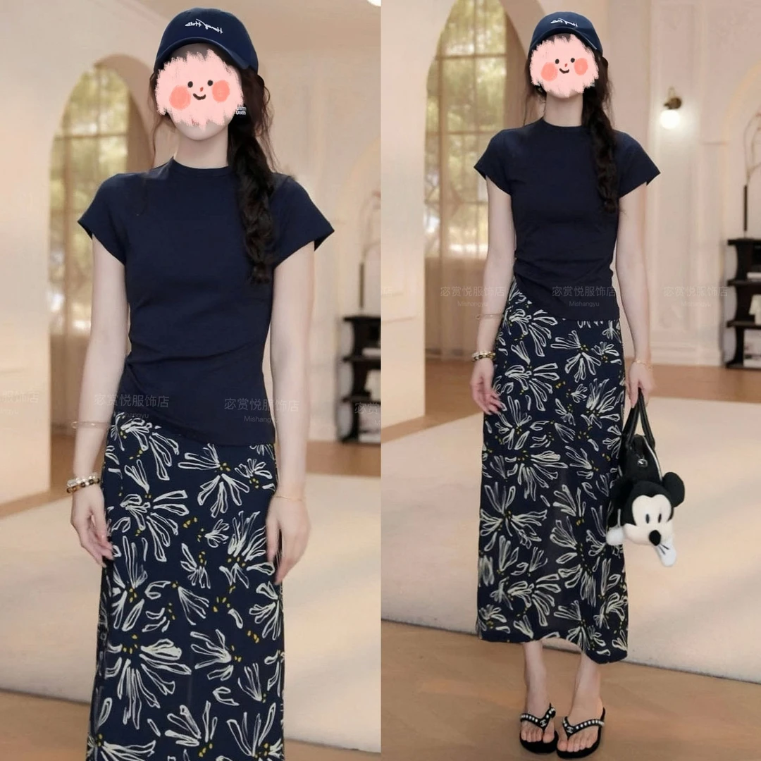 洋气衣服女2025夏季减龄显瘦短袖T恤上衣百搭大花半身裙气质套装