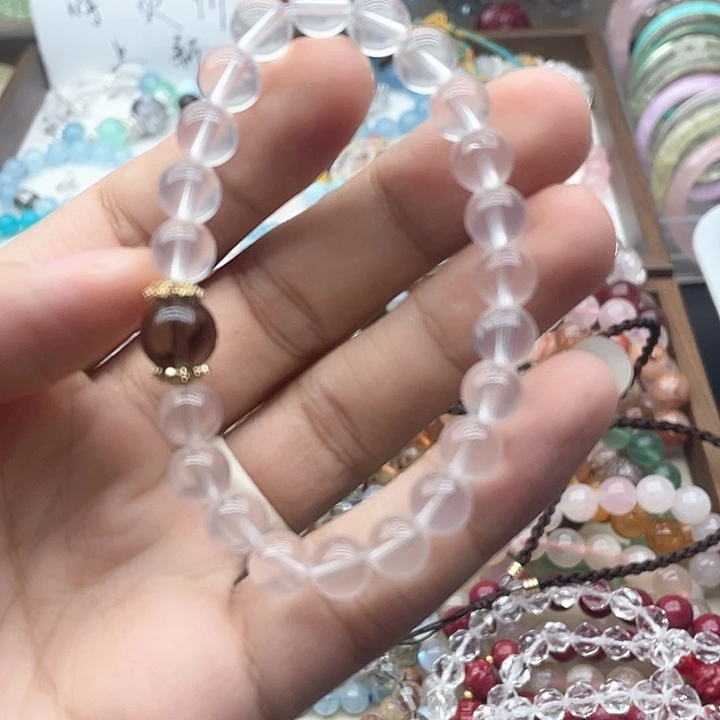 银S925镶嵌烟晶手链全净体奶白茶水晶