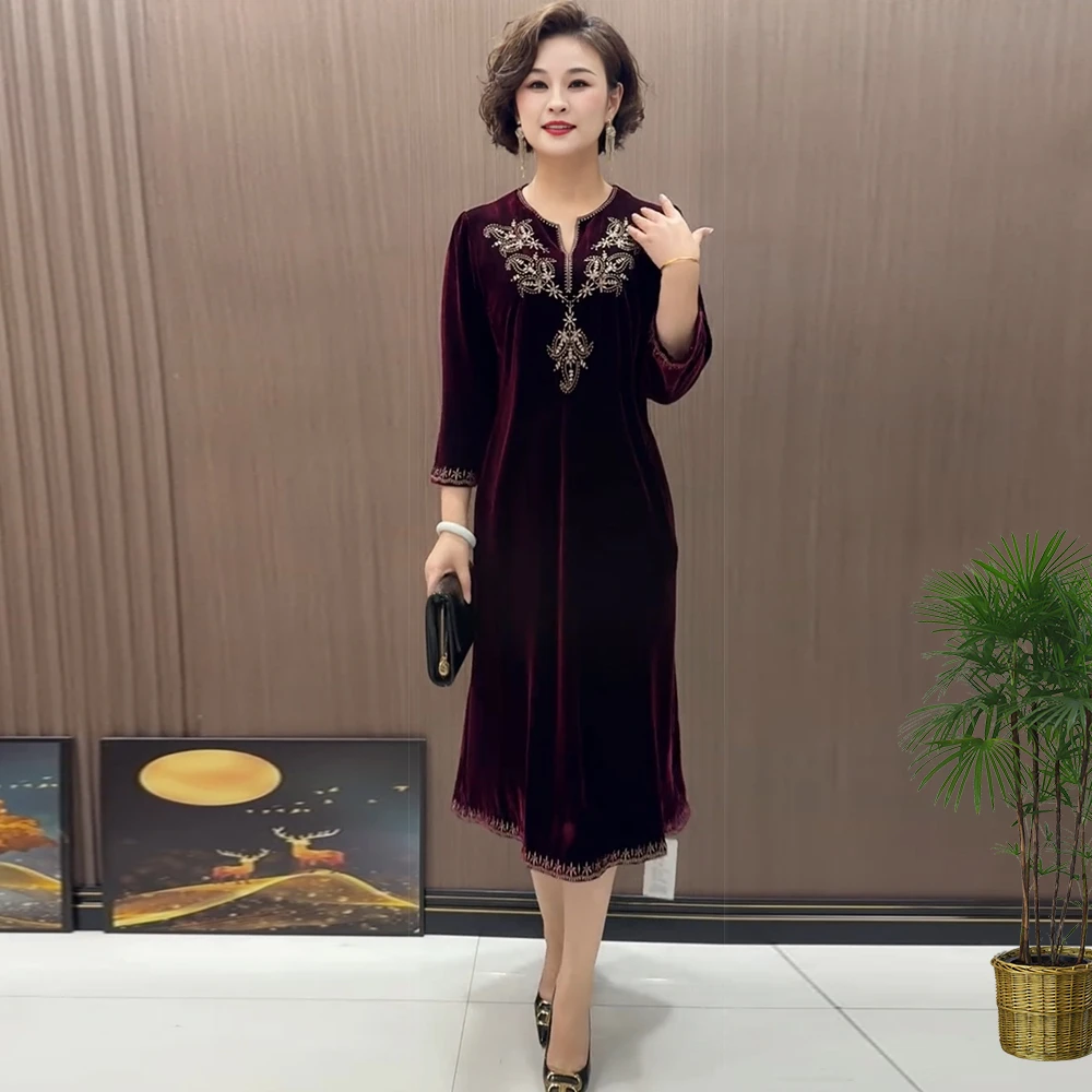 10090秋季妈妈装裙子洋气真丝丝绒旗袍连衣裙中老年高贵国风裙子