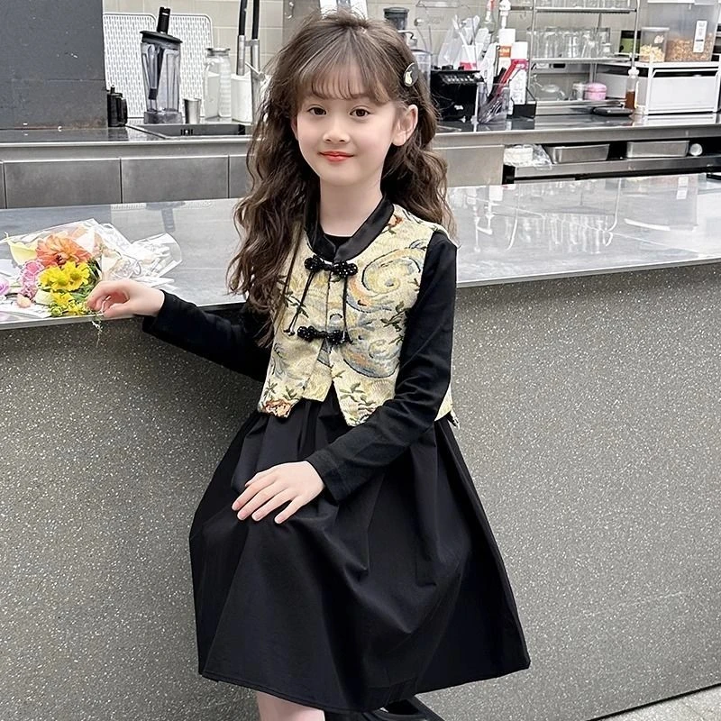 女童套装2025新款中式国风春秋儿童马甲黑连衣裙中大童唐装两件套