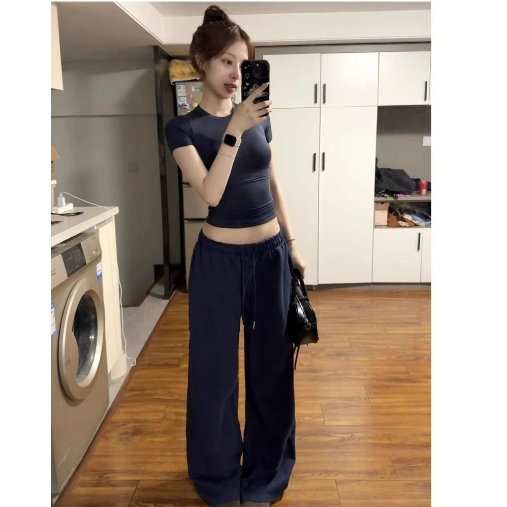 纯色正肩短袖T恤女圆领紧身基础款美式慵懒风bm显瘦运动百搭上衣