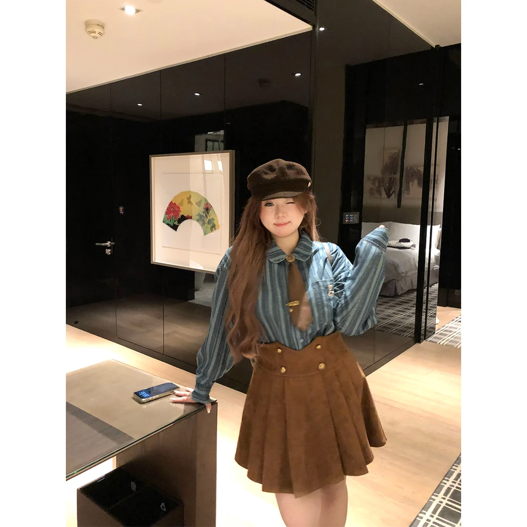 安妮不火【查令十字街】小众牛仔条纹衬衫+仿皮半身裙套组A253C0204