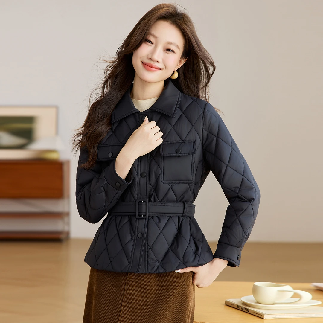 时尚气质百搭显瘦纯色小个子棉服外套2025冬季新款高级感菱格棉衣