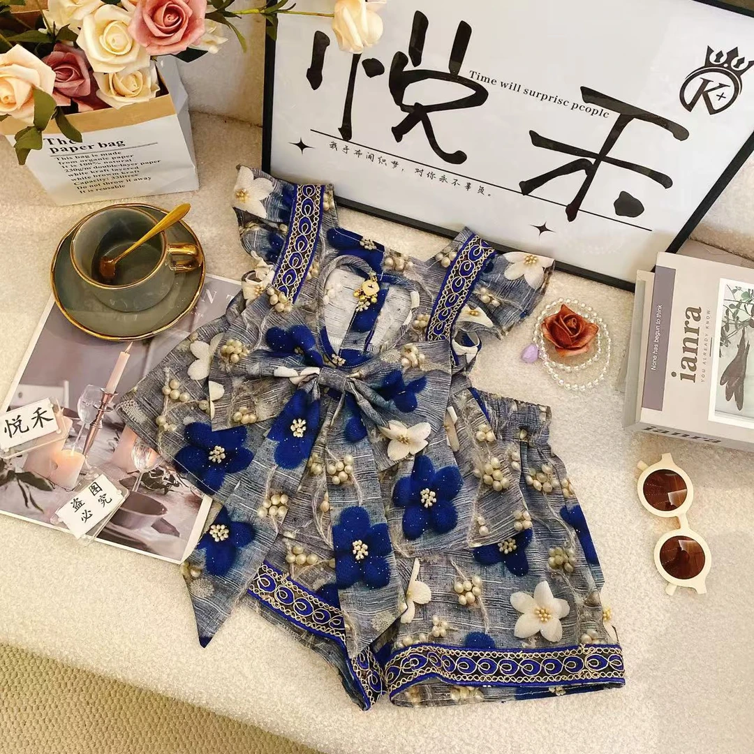 T3女童花朵拼接蝴蝶结韩版老钱风个性时尚儿童套装80708