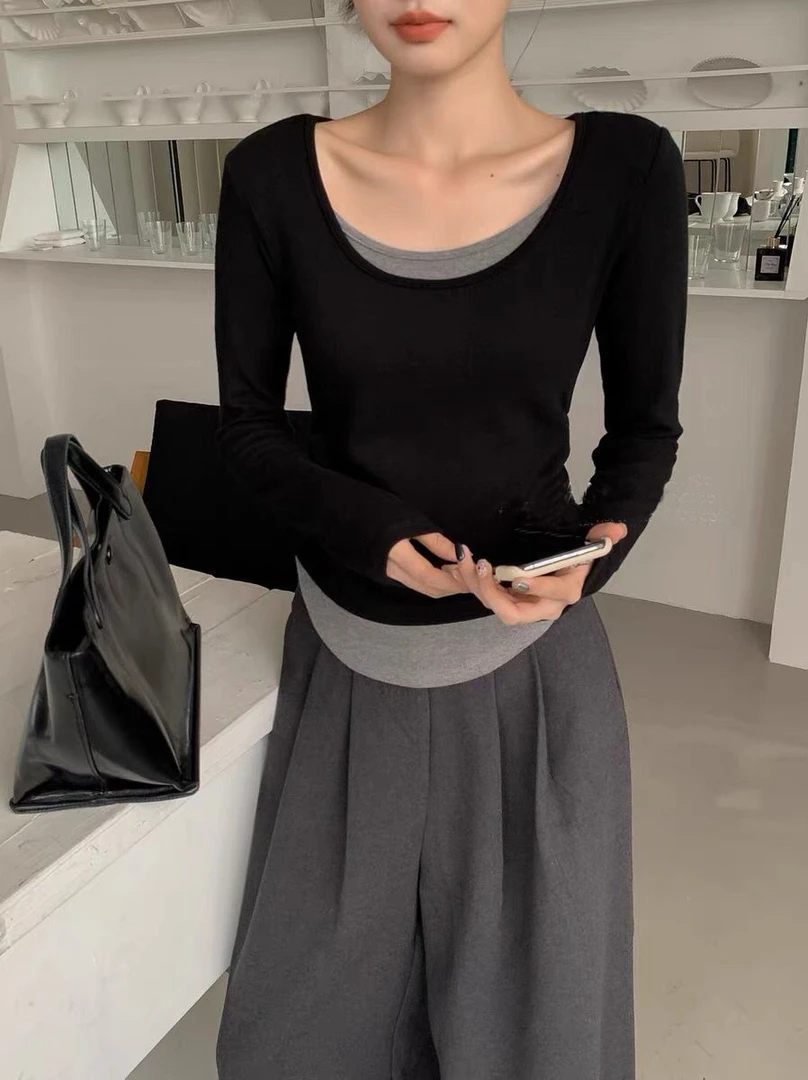 秋季新款弹力撞色假两件长袖打底衫女韩版百搭修身显瘦T恤上衣潮
